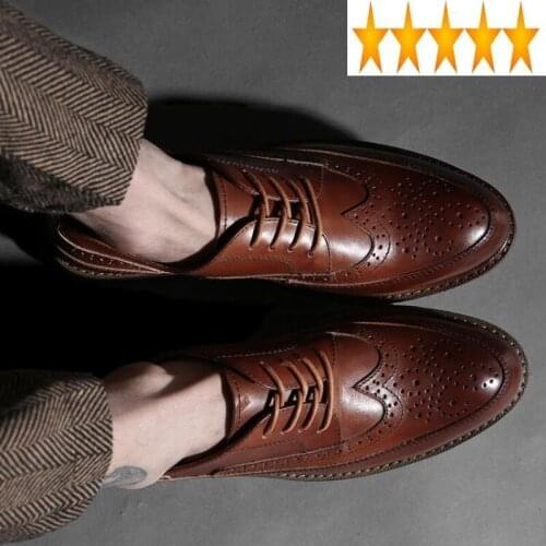 Tip Vintage Mens Brogue Wing Breathable Cowhide Genuine Leather Business Man Work Shoes British Lace Up Casual Footwear