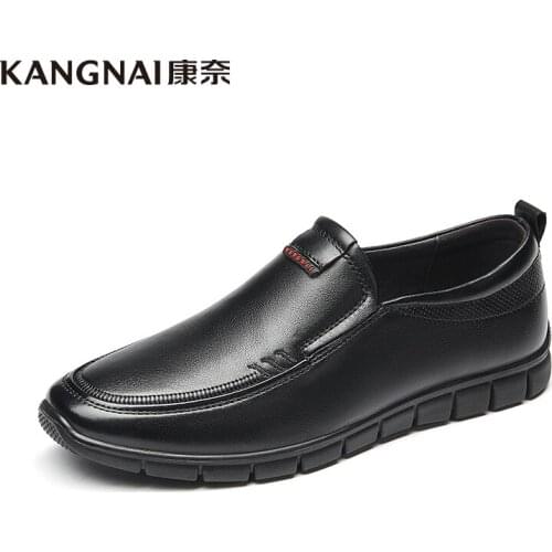 KANGNAI Men Leather Shoes Black Anti-Slip Loafers Flats Classic Slip-On Lightweight Business Casual Shoes Man