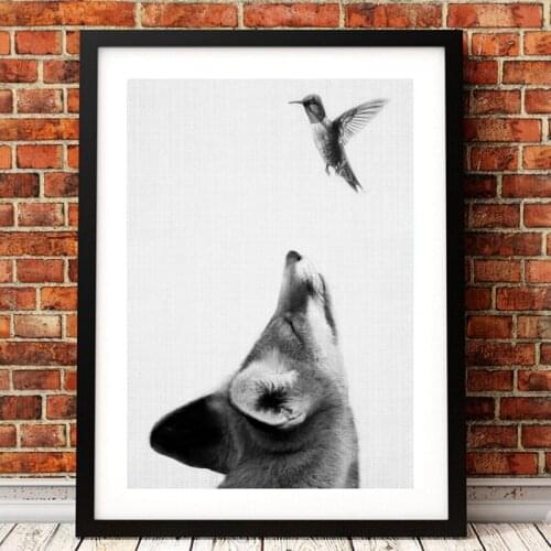 Woodland Fox with Bird Poster Wall Art Black and White Picture Wilderness Forest Animal Canvas Painting for Living Room