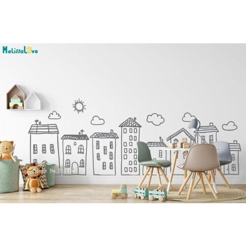 Doodled City Wall Sticker for Kids Playroom School Library Decor Small Lovely Buildings Cute Baby Decals Vinyl YT5782