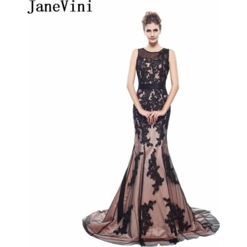 JaneVini Charming Tulle Long Bridesmaid Dresses with Lace Appliques O-Neck Illusion Back Court Train Mermaid Formal Prom Gowns