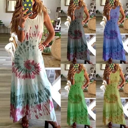 Women Casual O Neck Sleeveless Swirl Print Large Hem Beach Loose Long Dress