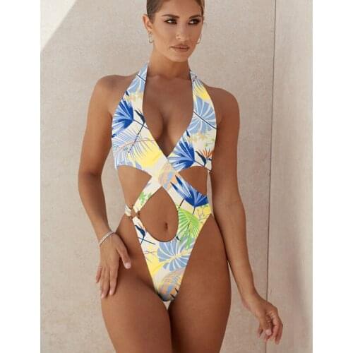 Sexy Hollow Out Swimwear Women One Piece Swimsuit Halter Neck Bodysuit Female 2021 Monokini Print Beachwear Bathing Suit Summer