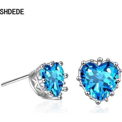 SHDEDE Blue Heart 925 Sterling Silver Stud Earrings Fashion Jewelry Embellished With Crystals From Swarovski Party Gift -X855