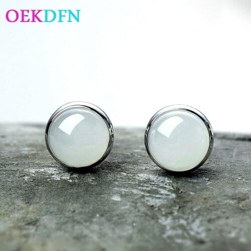 OEKDFN Vintage 100% 925 Sterling Silver Stud Earrings Round Natural Hetian Jade Gemstone Ear Studs Fine Jewelry Gifts Wholesale