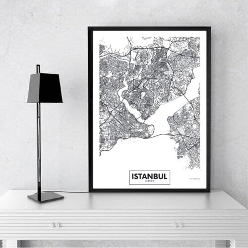 Modern City Istanbul Map Minimalist Canvas Painting Black and White Wall Art Print Poster Pictures For Living Room Home Decor