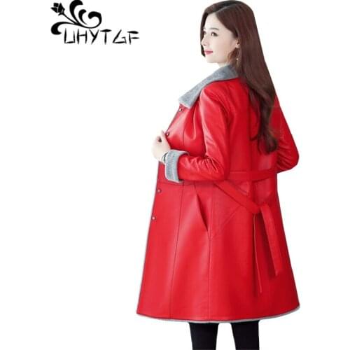 UHYTGF Autumn winter leather jacket women quality PU washed leather casual leather coat lambswool 6XL plus size tops Genuine 809