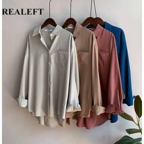 REALEFT Spring Autumn One Pocket Turn-down Collar Womens Blouse 2021 New Casual Loose Female Blouse Tops Workwear Office Shirts
