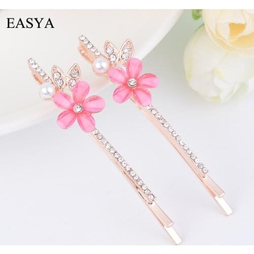 EASYA 3 Colors Rhinestone Flower Hairpin Hair Clip Minimalist Women Girls Fashion Simulated Pearl Crystal Hairwear Jewelry