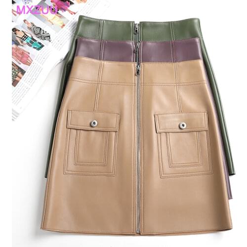 Rokjes Dames Autumn Winter Women Sheepskin Genuine Leather Green Skirt Soft Girl High Waist Show Thin A-line Wrap Short Gonna