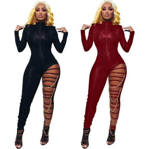 Sexy bandage leg jumpsuit with chain