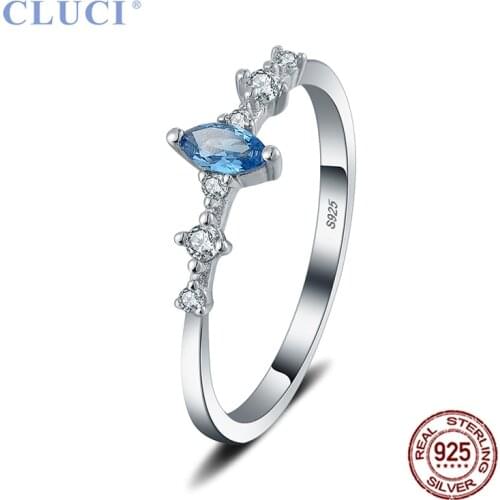 CLUCI Genuine 925 Sterling Silver AAA Blue Mixed White Zircon Rhombus Finger Ring for Women Jewelry Girls Rings DR1068SB