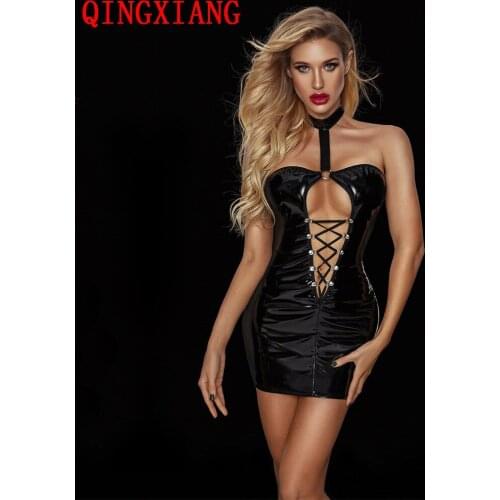 2021 PU T Neck Both Side Tulle Net Sheath Dress Women Night Club DS Mini Bright Faux Leather Bandage Bra Sexy Buttocks Underwear