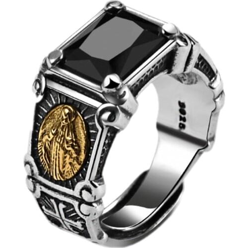 2020 new real pure S925 sterling silver jewelry vintage Thai silver men black agate Virgin Mary man ring