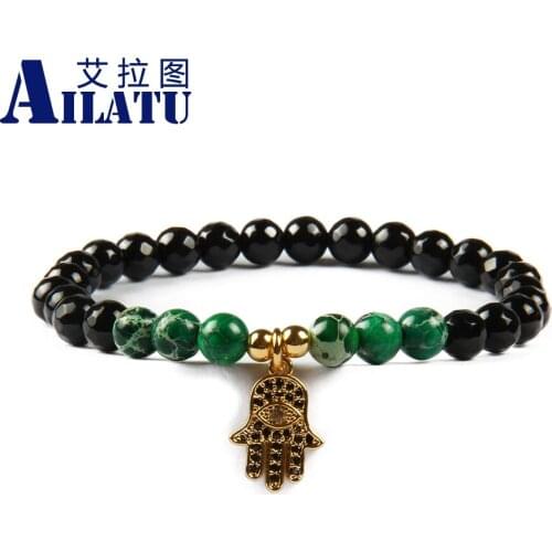 Ailatu 6mm Natural Facted Black Onyx Stone & Green Sediemnt Beads with Micro Pave Black Cz Fatima Hand Hamsa Pendant Bracelets
