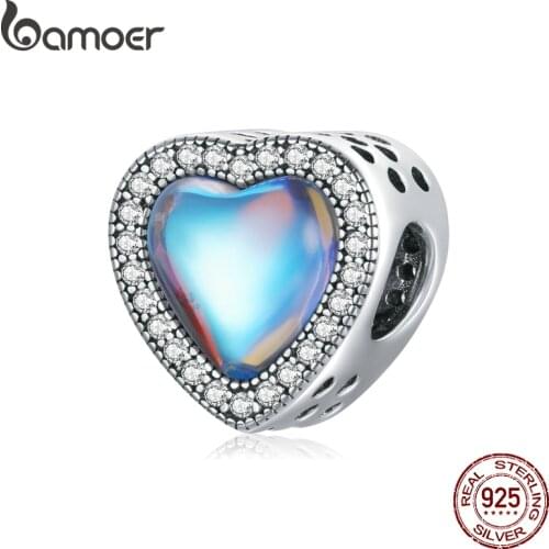 BAMOER 925 Sterling Silver Jewelry Radiant Hearts Beads Charms Fit Bracelets Women 4 Color Stone Mothers Day Gift PSC054