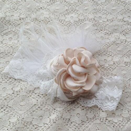 Free Shipping Ivory Ostrich Feather Big Heat Flower Dupioni Silk Rolled Flower Headband Kids Hair Accessories
