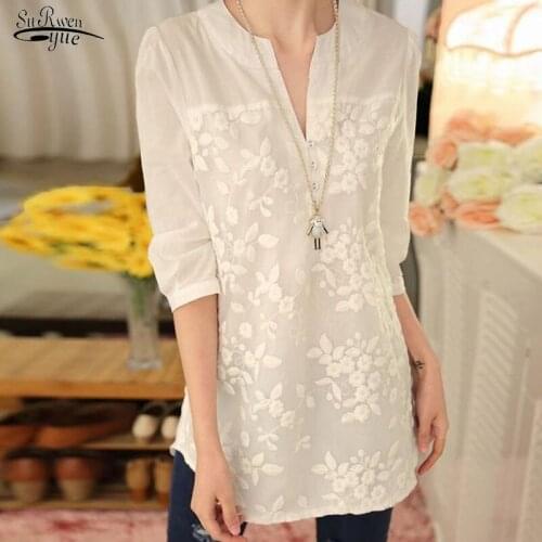 V-neck Organza Embroidered Shirts Lace Plus Size Women Tops and Blouses White Tops Summer Korean Flower Women Blouse 566F