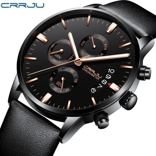 CRRJU Men Watches Top Brand Luxury Mens Classic Multi-function Chronograph Quartz WristWatch Black Leather Strap Dropshipping
