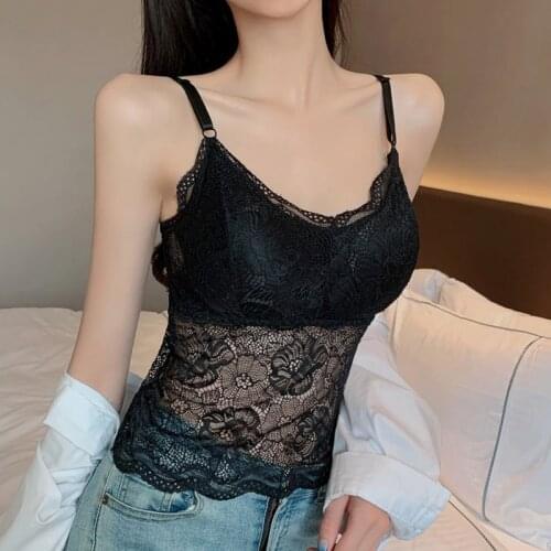 Lucyever Black Sexy Lace Hollow Out Camis Tops for Women Soft Padded V-Neck Mesh Bras Woman Back Bow Adjustable Strap Vest Tops