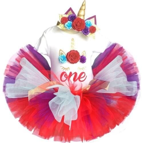 Baby unicorn 1st birthday dress party 1 year girl clothing sets kids clothes romper+headband+tutu fluffy skirt vestido unicornio