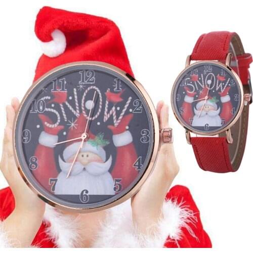 Sleek Minimalist Fashion With Leather Strap Womens Quartz Watch Santa Claus Pattern Dial Christmas gift For Woman Girl Children