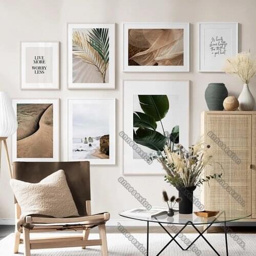Modern Style Canvas Painting Poster and Print Seascape Palm Tree Leaves Quotas Beige Pictures for Living Room Wall Decoration