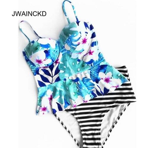 JWAINCKD Two Piece Swimsuit Women Floral Striped Print Swimwear Maillot Underwire Push Up Padded Bath Suit Modest Bikinis Swim