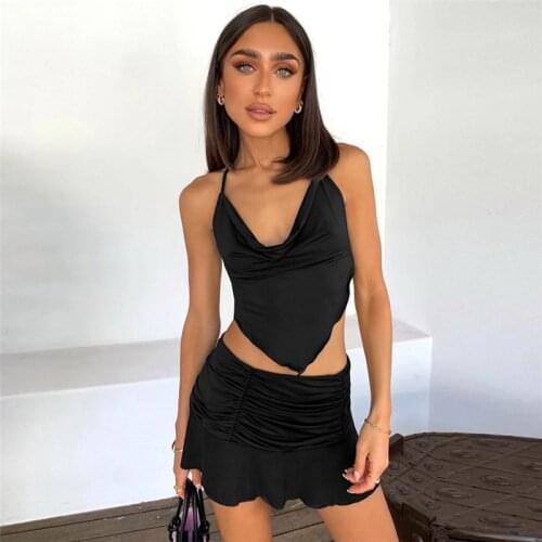 Summer Halter Sexy Crop Top and Mini Skirts Ruched Two Piece Fashion Outfits Matching Set Sleeveless Womens Set