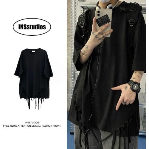 Trendy brand hip hop niche silk tassel stitching fake two short sleeve t-shirts for men and women