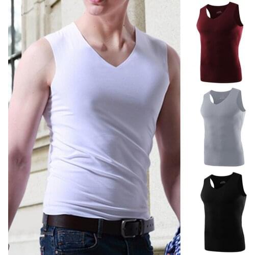 Mens Casual Tops Solid Color Ice-silk Sleeveless Loose Fit Quick Dry Polyester V-Neck Top