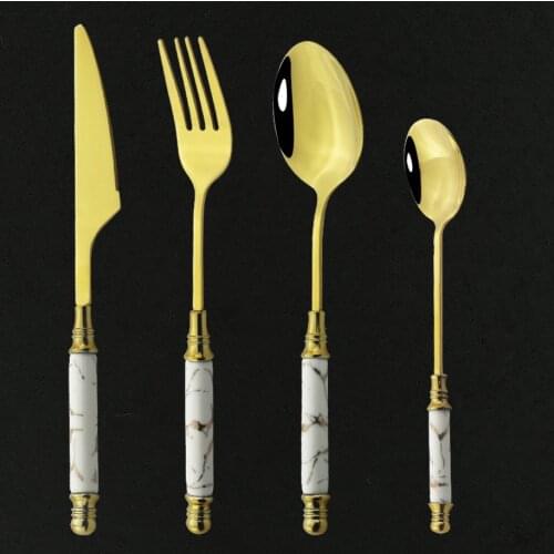 4Pcs Stainless Steel Cutlery Set Ceramic Handle Dinner Tableware Set Gold Cake Fork Tea Spoon Knife Dinnerware Set Drop Shipping