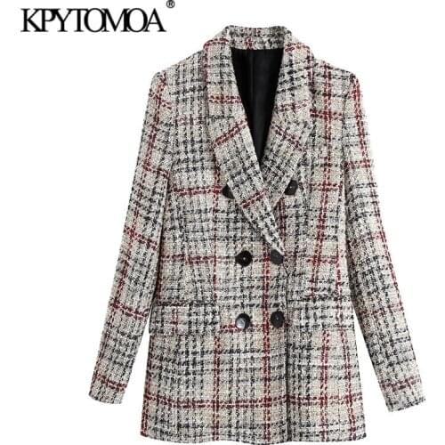 KPYTOMOA Women 2021 Fashion Double Breasted Tweed Check Blazers Coat Vintage Long Sleeve Pockets Female Outerwear Chic Tops
