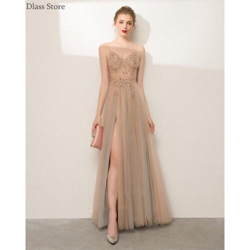 Champagne Prom Dress 2021 New Split A-line Floor Length Spaghetti Straps Illusion Beading Top Evening Dress платья знаменитостей