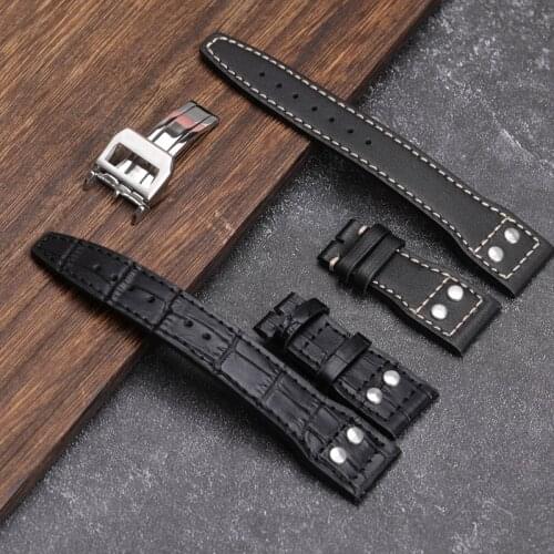 Handmade Pilot Leather Watchband, 22-18MM Retro Folding Buckle BBlack First Layer Leather Black Men Strap