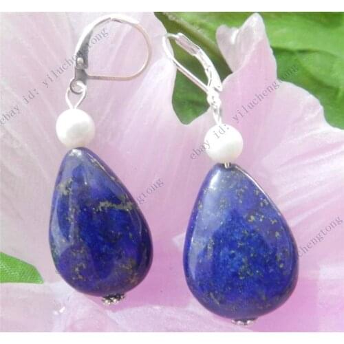 Natural Drop Egyptian Blue Lapis Lazuli & Real White Pearl Drop Dangle Earrings