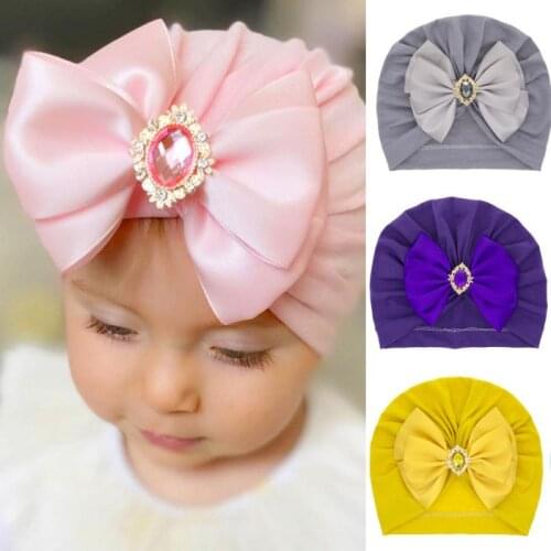 10 Colors Baby Hat Big Bow Rhinestone Toddler Infant Cap Bonnet Solid Color Soft Baby Girls Hats Baby Headwear Kids Accessories
