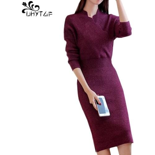 UHYTGF Knitted Autumn Winter Sweater Womens Dress Plus Size Harajuku Pullover Casual Bottoming Skirt Slim Female Clothing 386
