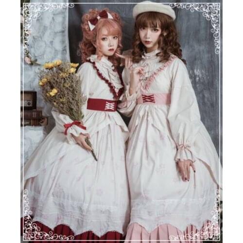 Original Design Mirror Flower Womens Lolita Dress Winter Long Sleeve Dress Round Collar Necktie Dress Long Mid-Calf One Piece