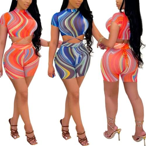 Y2K 2021 Womens Casual Two Piece Sets Irregular Stripe Short Sleeve Tie-up Tops and Tight Shorts