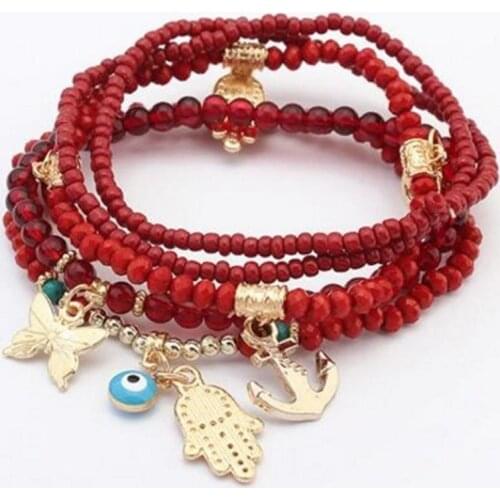 Lucky Hand of Fatima Blue Evil Eye Charms Bracelets Bangles Turkish Multilayer Beads Women Bracelet
