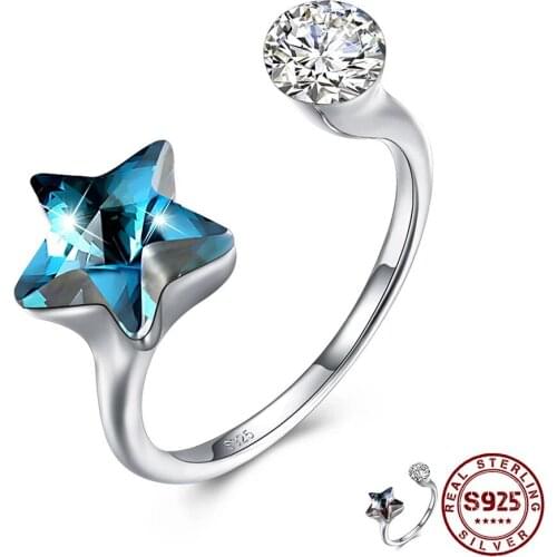 COCOM 925 Sterling Silver Star Open Rings for Women Girls with Austrian Crystals Adjustable Ring Anniversary Fine Jewelry Gift