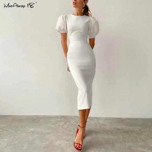Mnealways18 Chic Puff Sleeve Bodycon Dress Ladies Office Elegant Black Women Summer Pencil Midi Dress Short Sleeve Slim Waist-Up