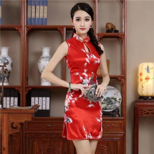 Chinese Style Women Retro Printed Cheongsam Sexy Elegant Formal Dress Traditional Qipao Party Cosplay Costumes Women Dress Mini