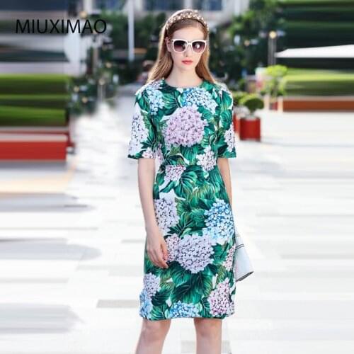 Europe Style 2020 Spring Newest O-Neck Short Sleeve Appliques Hydrangea Print A-Line Fashion Cute Knee-Length Dress Women