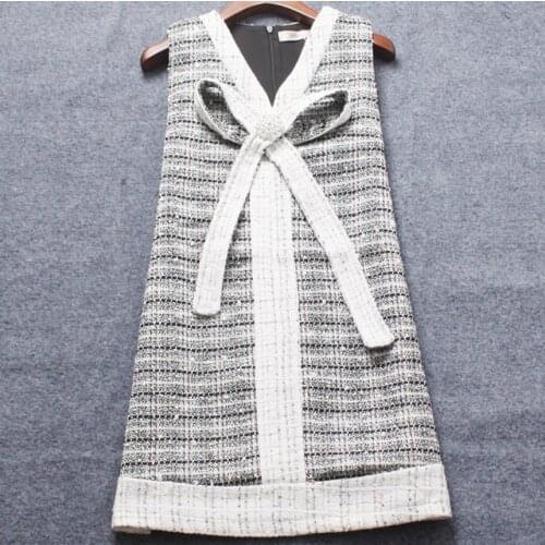 Small fragrant tweed woolen dress women v-neck auutmn winter fashion diamond beading bow a-line party dress