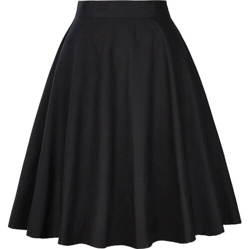 2020 Womens Skirts High Waist Cotton Midi Skirt Swing 50s Vintage Retro Knee Length Zipper Skater Black Skirt VD0020