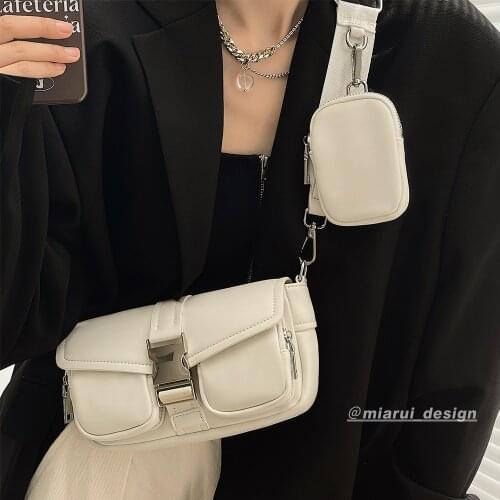 3Pcs Women Soft Leather Handbag Wide Strap Set Baguette Shape Bag Vintage Chains Triple Shoulder Bag Luxury Female Composite Bag