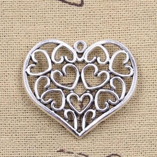 5pcs Charms hollow heart 31x36mm Antique Silver Color Pendants Making DIY Handmade Tibetan Finding Jewelry