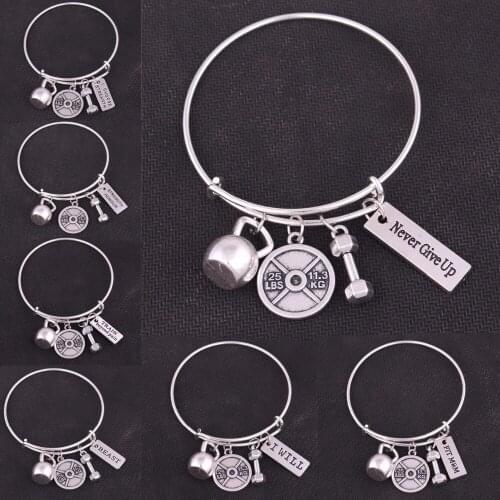 5PCS Fitness Weightlifting Kettle bell dumbbell barbell Never Give Up I CHOOSE STRENGTH Gym Bodybuilding charm adjustable Bangle